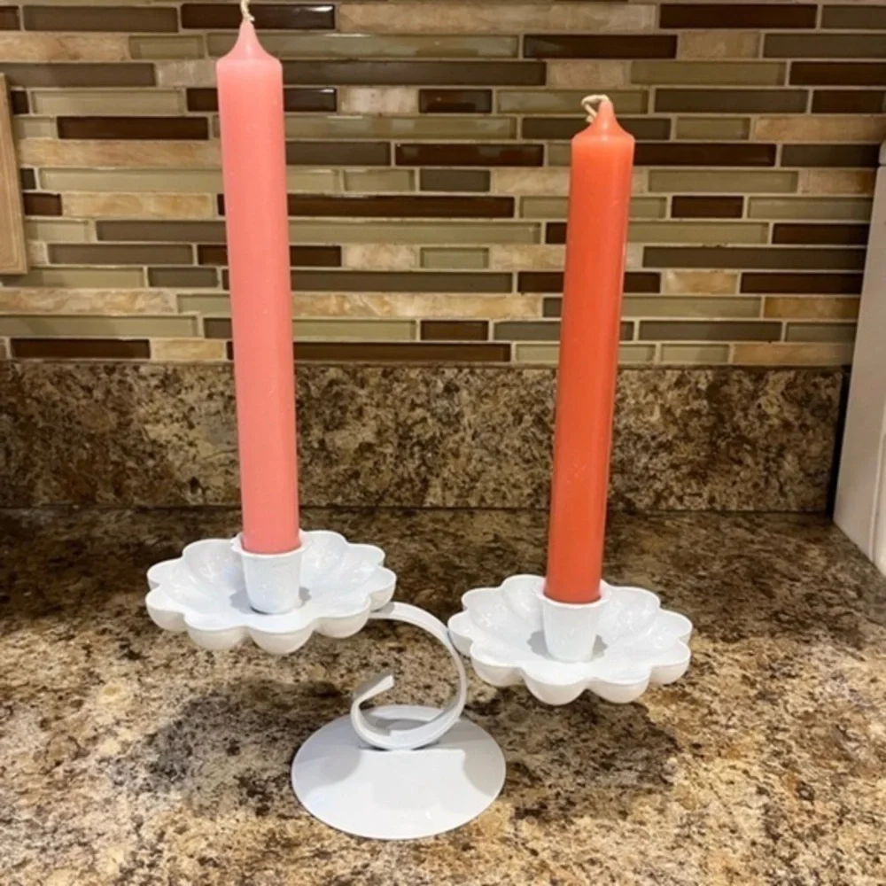 Vintage White Metal Double Candlestick Holder Tiered Flower Shaped